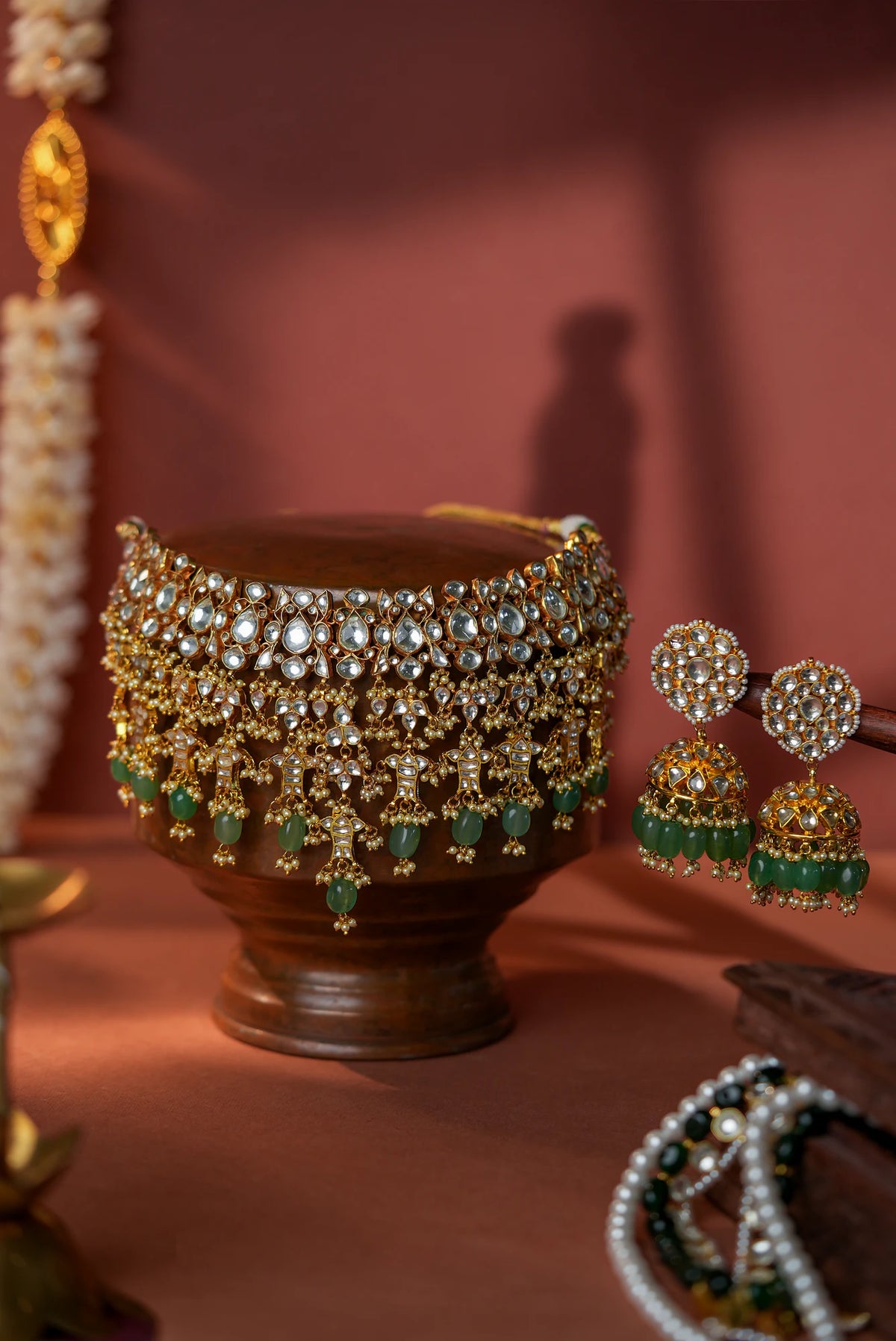 Jade stone Bridal necklace with jhumki earrings