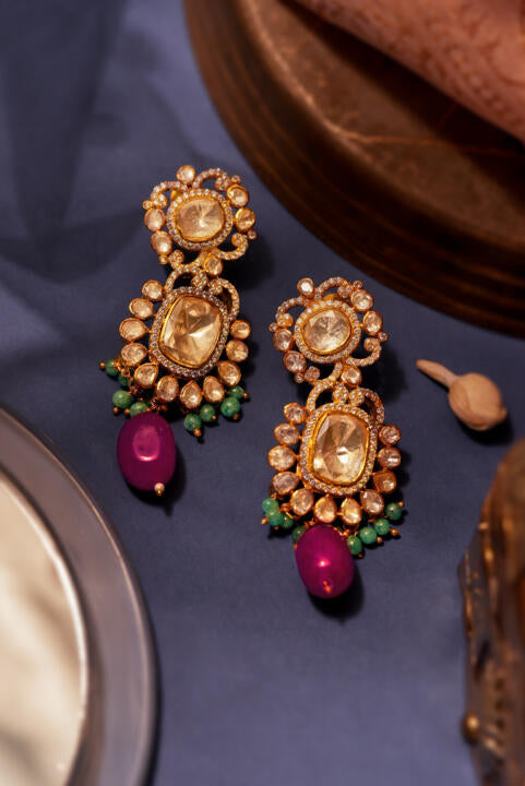 Mozonite necklace set with silver and gold finish with Ruby beads