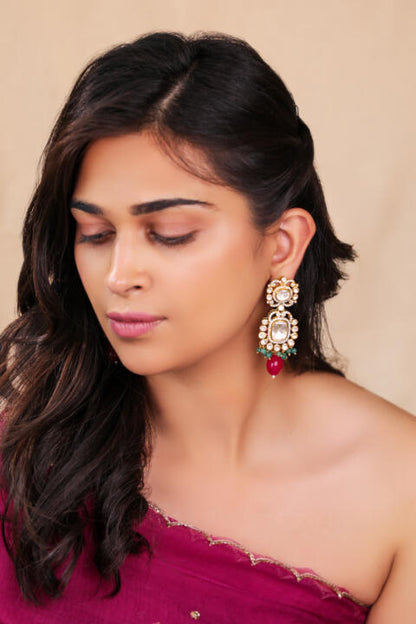 Mozonite necklace set with silver and gold finish with Ruby beads