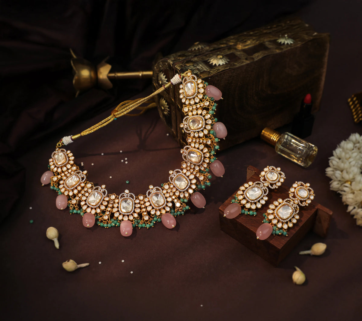 Pastel mozonite necklace set with Jade stones