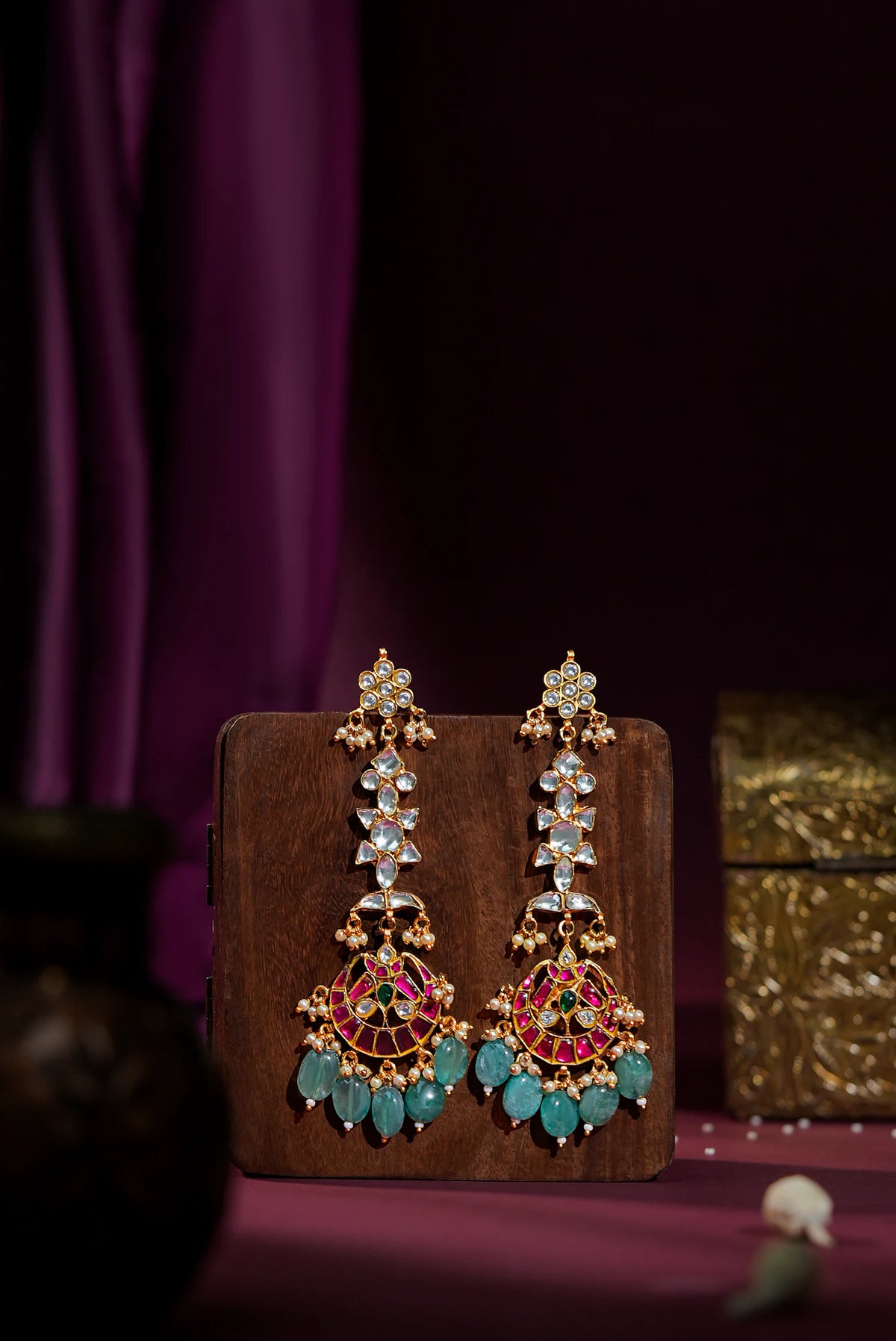 Jadau long pendant necklace with ruby stones and sea green pastel beads