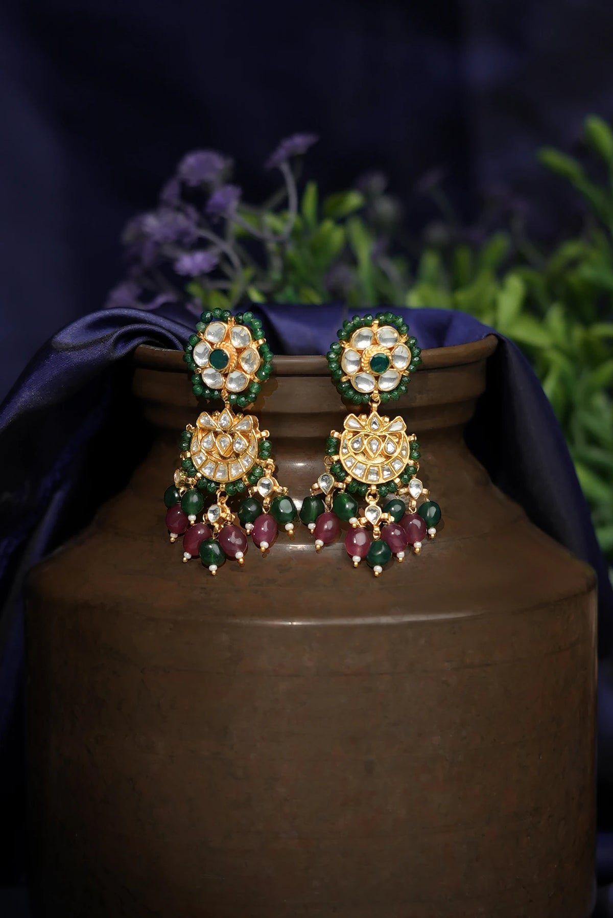 Traditional jadtar choker necklace & Earrings with marron & purple set