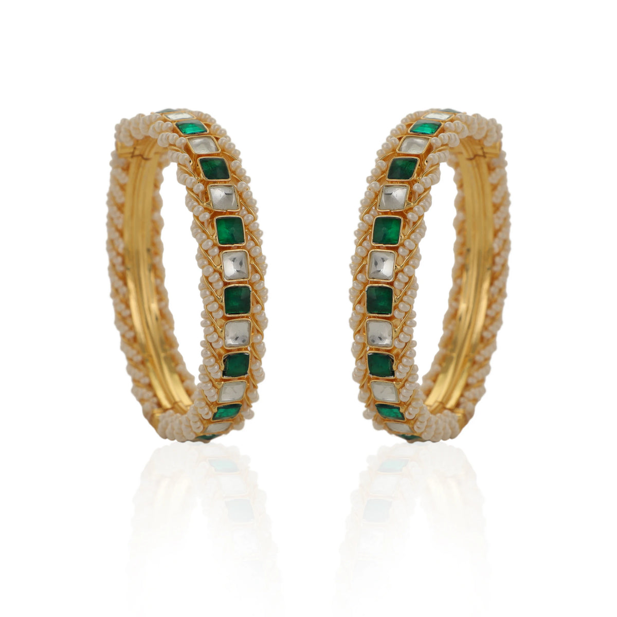 Gold Finish Semi Precious White And Green Jadtar Bangles Design By Riana Jewellery