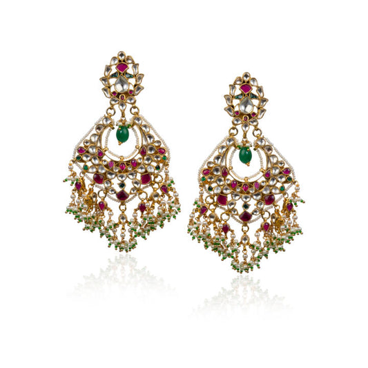 Pink,White And Green Jadtar Stones Big Chand Baalis Style Earrings