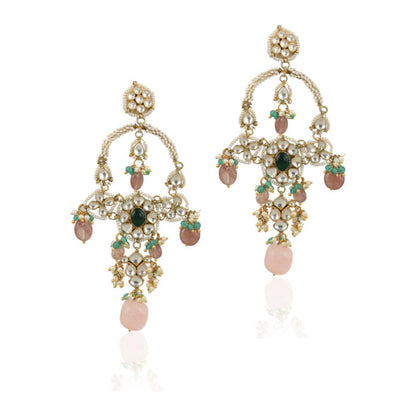 Chand Baali Shaped Earrings With Moti Work And Pestale Pink  Beads