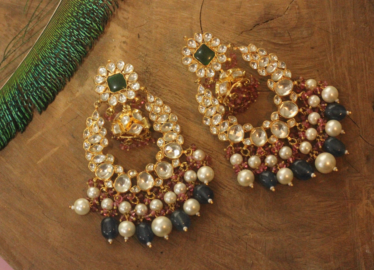 White And Green Stone Earring Beadded Blue Beads And White Pearsl With Light Pink Hangings