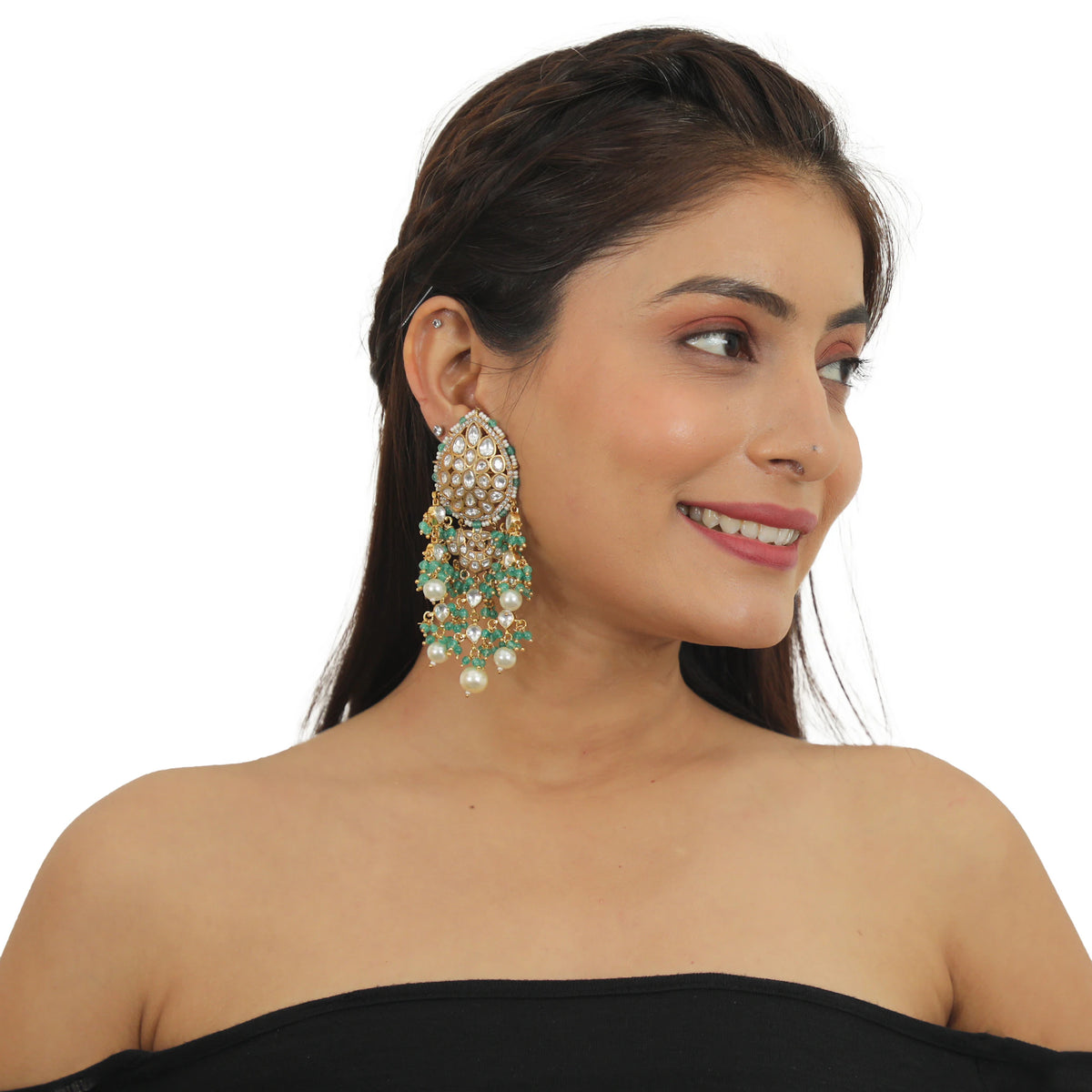 White Earrings With White Paerl And Sea Green Hangings