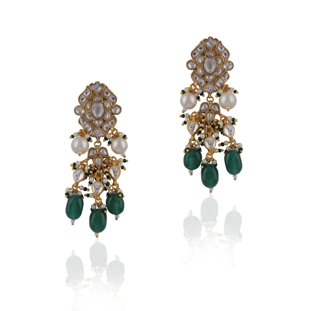 Delicately Designed Earings With Emerald Green And Pearl Drops
