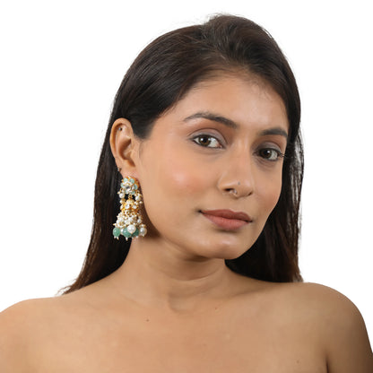 Mint Green Floral White Pearl Jhumki Earings