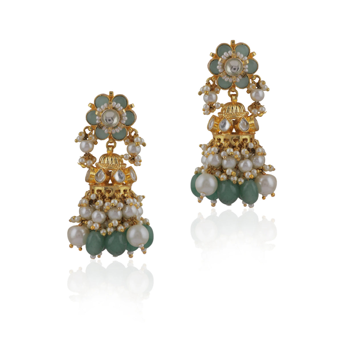 Mint Green Floral White Pearl Jhumki Earings