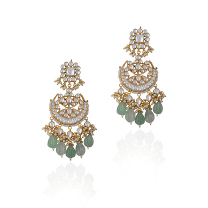Chandbaali Earrings With White Jadtar Stones And Mint Green Drops