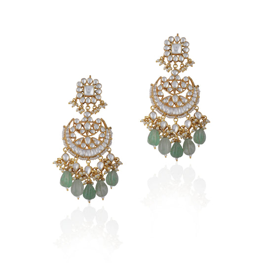 Chandbaali Earrings With White Jadtar Stones And Mint Green Drops