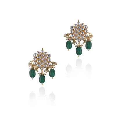 Green Beads Floral White Jadtar Small Earrings