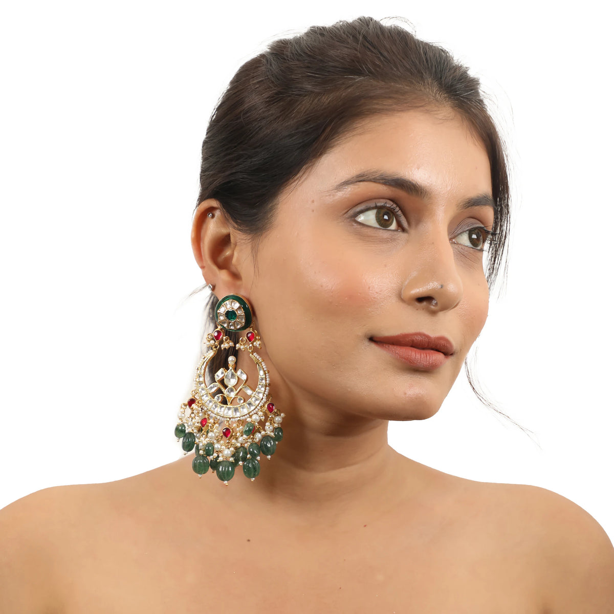 Green And Pink Shape White Jadtar Chandbaali