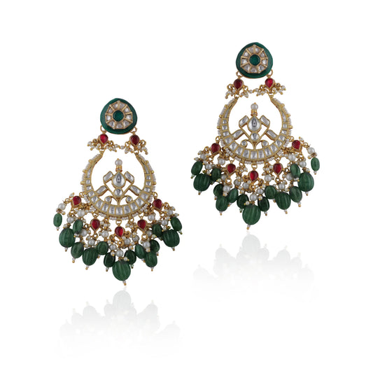 Green And Pink Shape White Jadtar Chandbaali