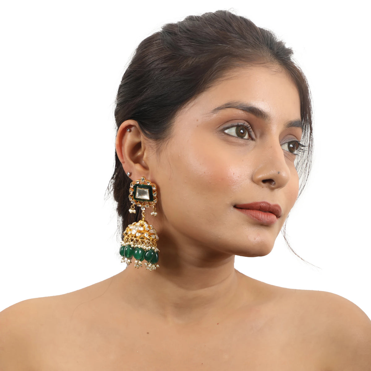 Green Meenakari White Jhumki
