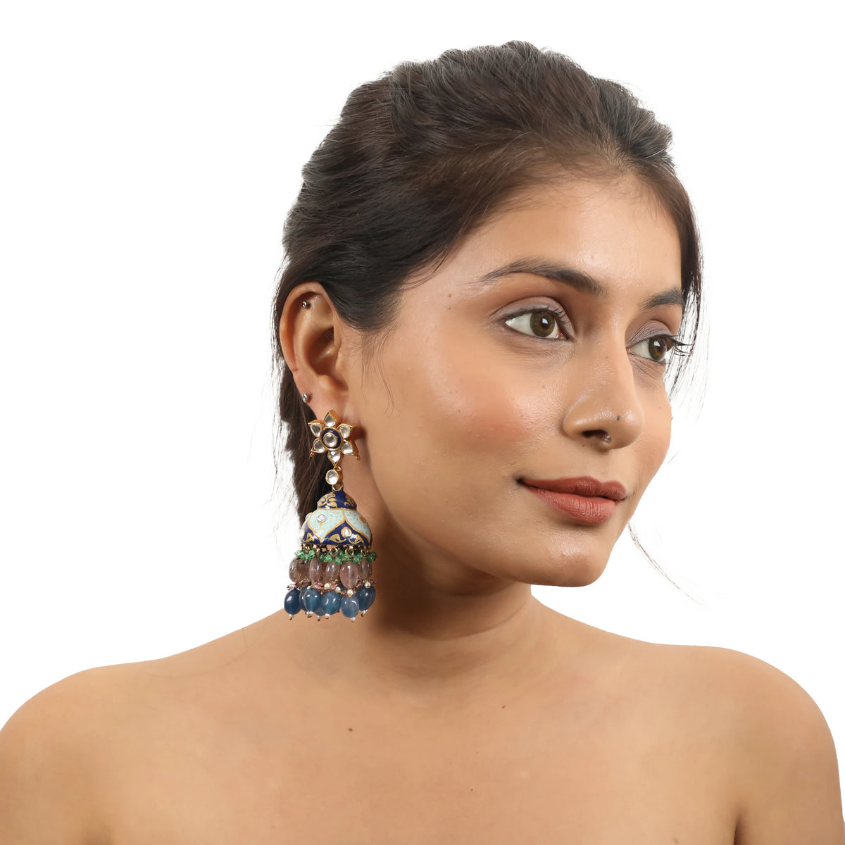Pastel Pink And Blue Beads Firozi Meenakari Jhumki