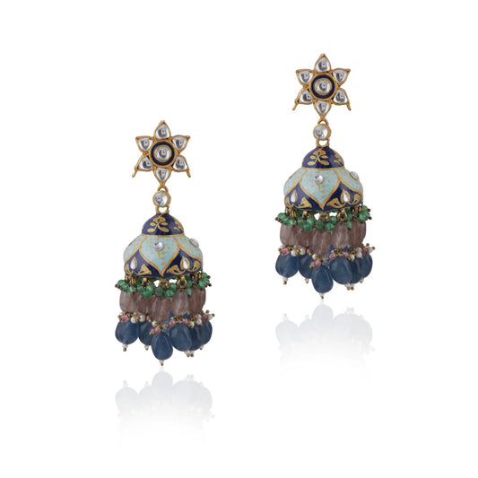 Pastel Pink And Blue Beads Firozi Meenakari Jhumki