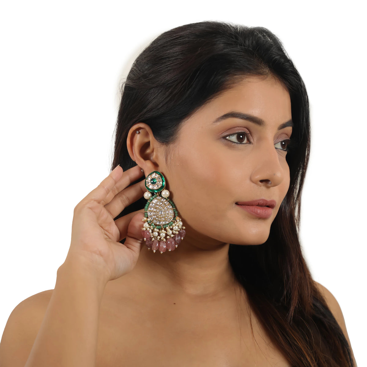 Green Meenakari Earrings With Pastel Pink Beads