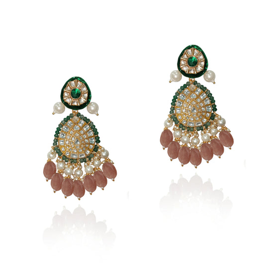 Green Meenakari Earrings With Pastel Pink Beads