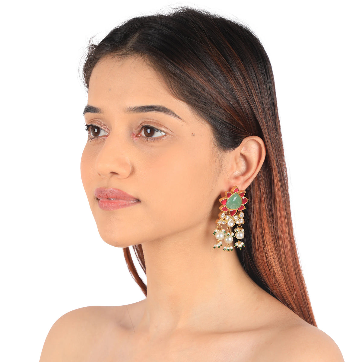 Gold Plated Pink Beads Mint Green Jadtar Dangler Earrings For Women