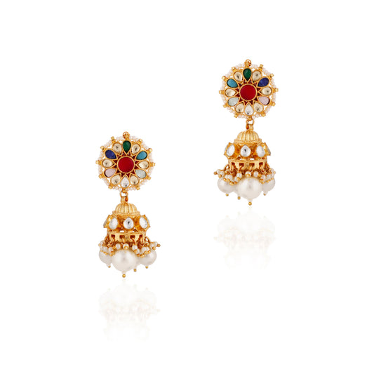 Navratna Stone Jhumkas Gold Plated Wedding Wear