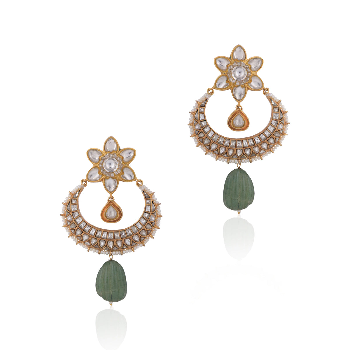 Gold Plated Jadtar Stone Dangle Earrings With Sea Green Drop