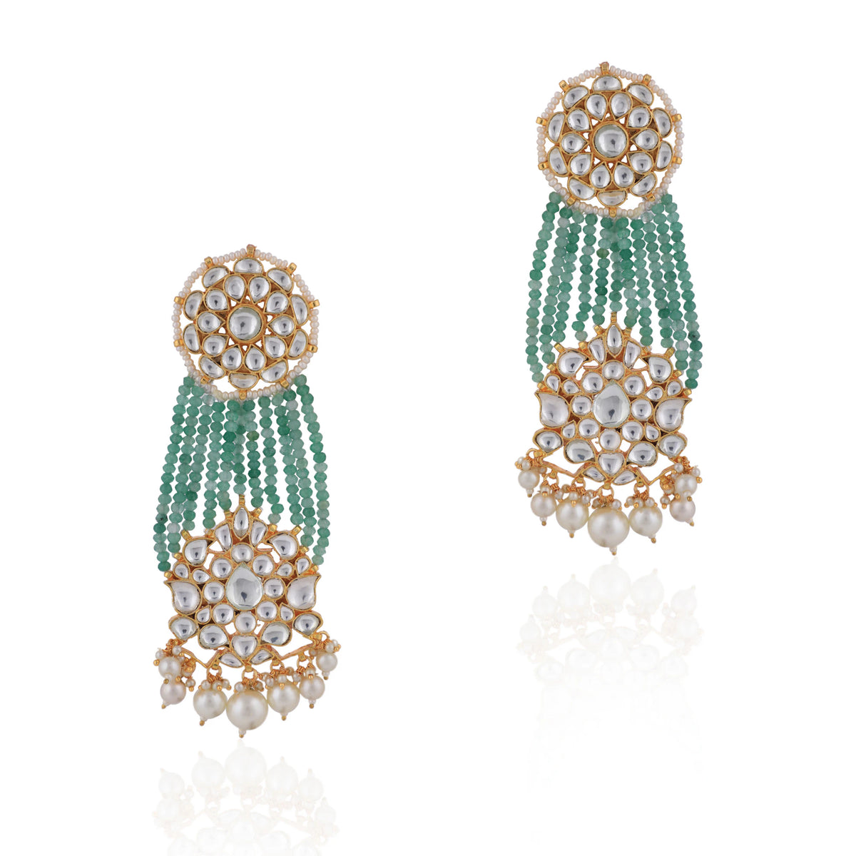Green And White Gold Tone Sea Green Beaded Long Earrings With Pearl