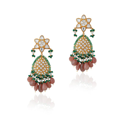 Crafted in 22kt gold plated with jadau stone pink beaded earrings chandbali perfect  for any destination wedding