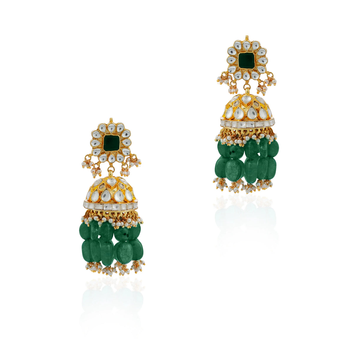 Festive wear Emerald green beads floral jhumkas