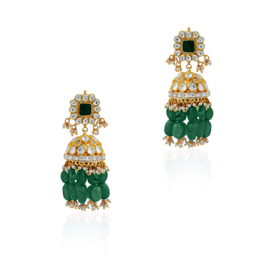 Festive wear Emerald green beads floral jhumkas
