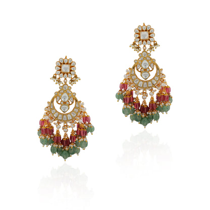 Pastel pink green Long earrings with white jadau stone