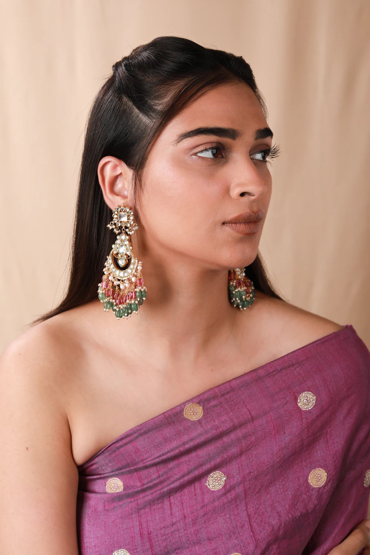 Pastel pink green Long earrings with white jadau stone