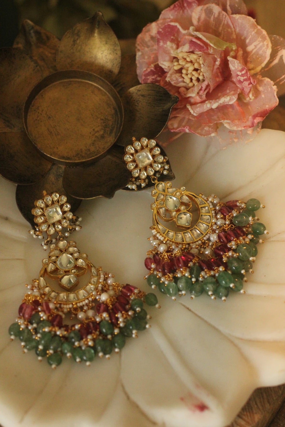 Pastel pink green Long earrings with white jadau stone