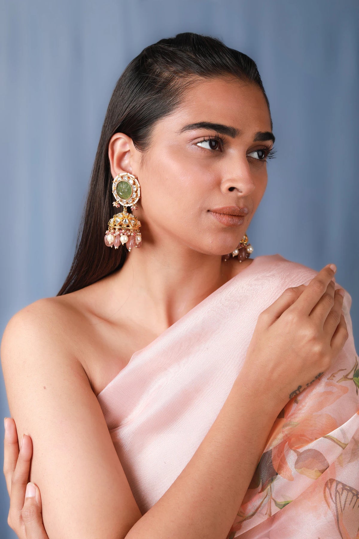 Green jhumka with white pearl