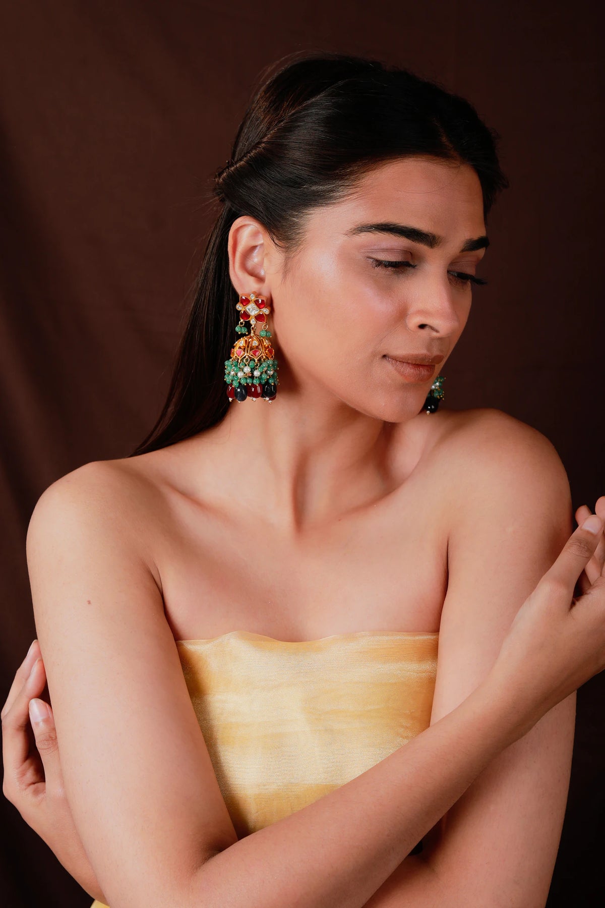 pink rajasthani earrings with sea green hangings