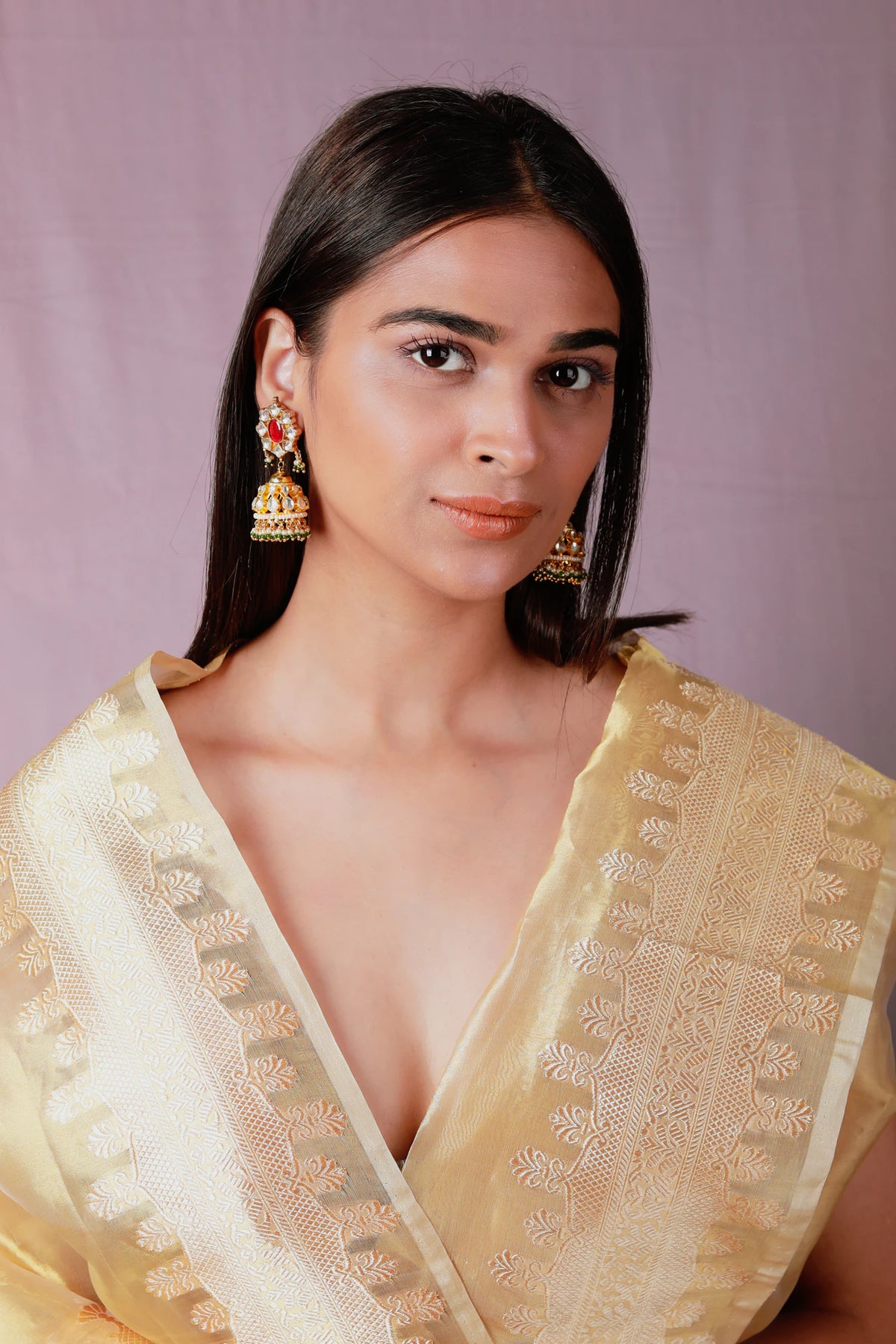 Pink and green gold plated jhumka
