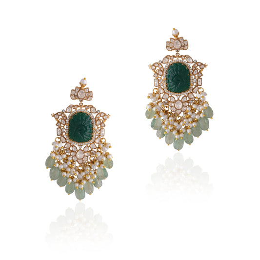 Green emerald stone Moissanite Earrings with sea green beads