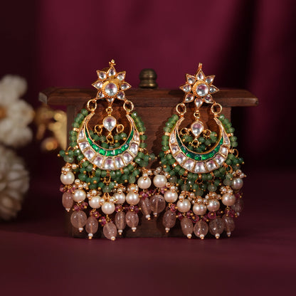 Pastel pink beaded chandbaali with sea green hangings