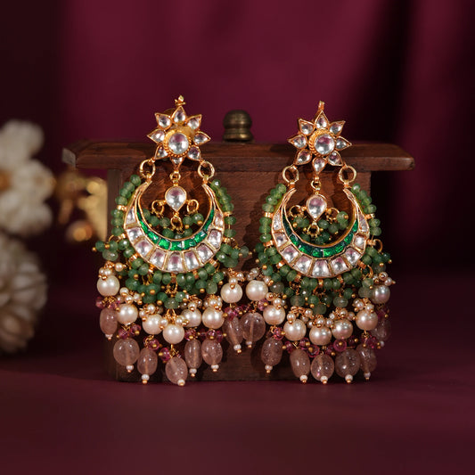 Pastel pink beaded chandbaali with sea green hangings