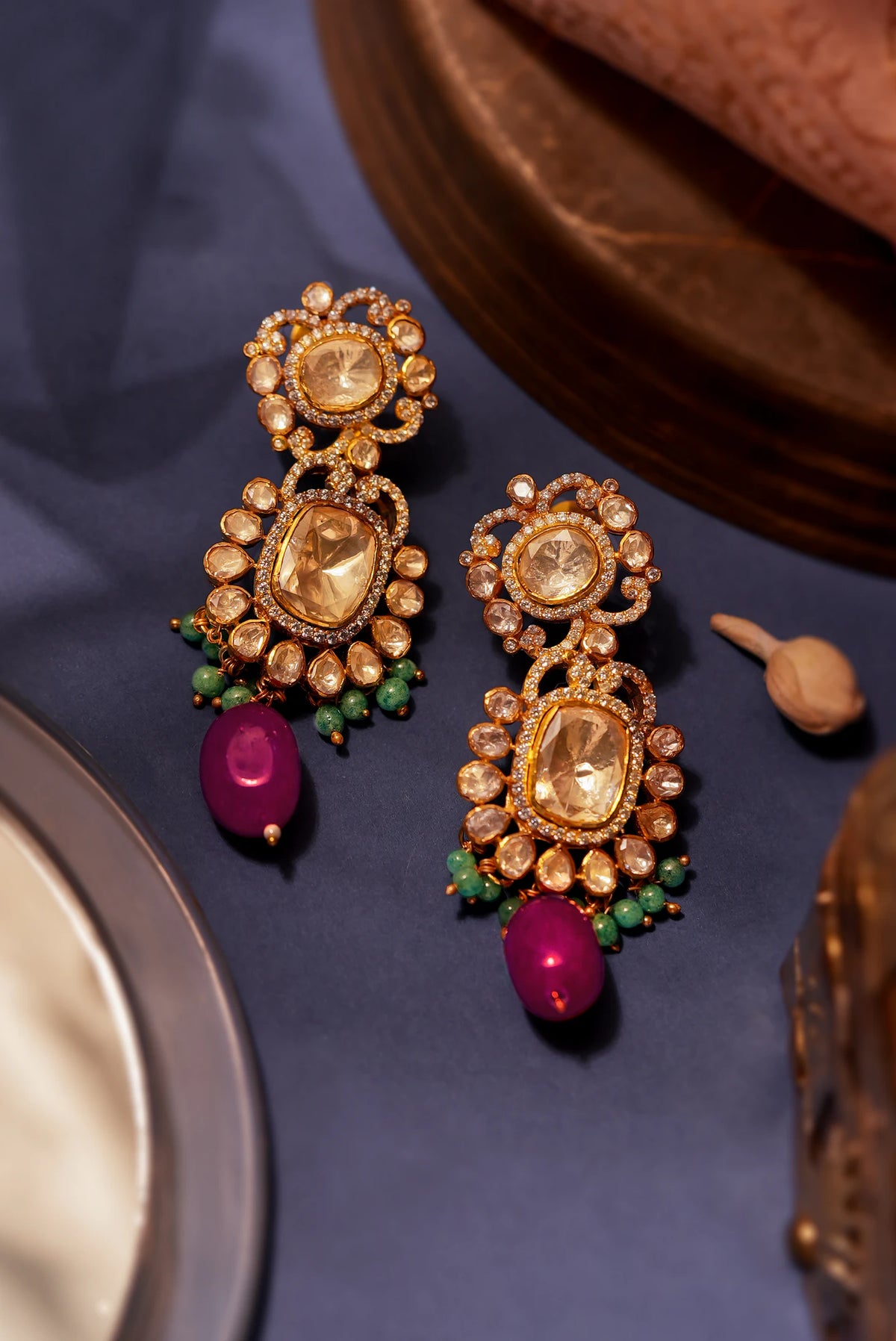 Mozonite ruby earings in silver and gold finish