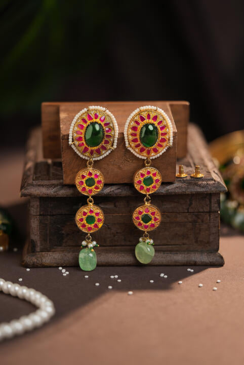 Long oval shape earings with emerald and ruby stones and beads