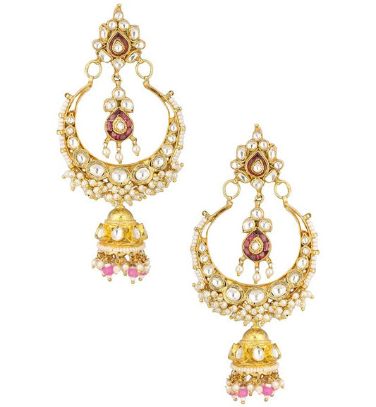 Whilte & Pink Jadtar Studded Chandbalis