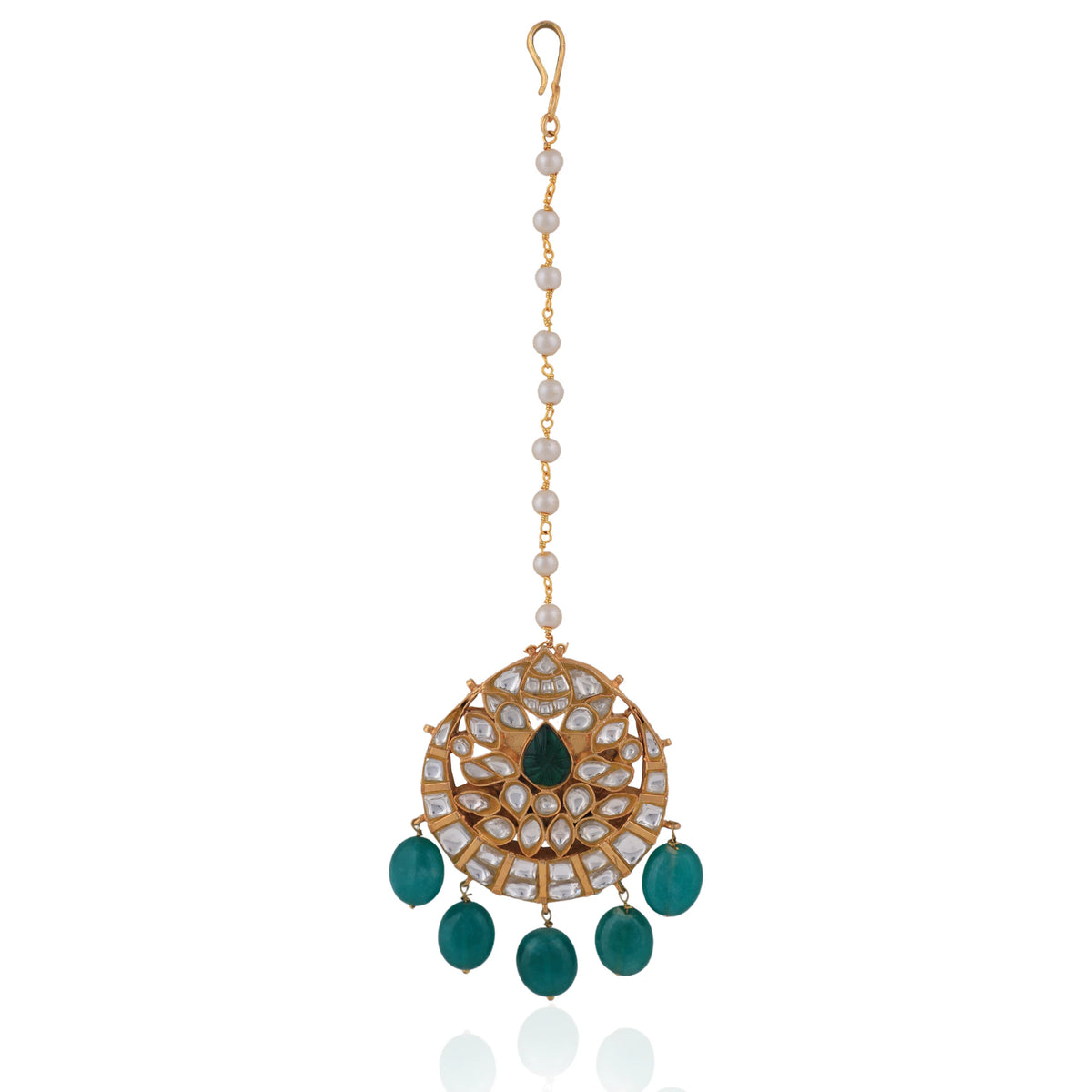 Emerald Green Beads White Jadtar Wedding Wear Maangtikka