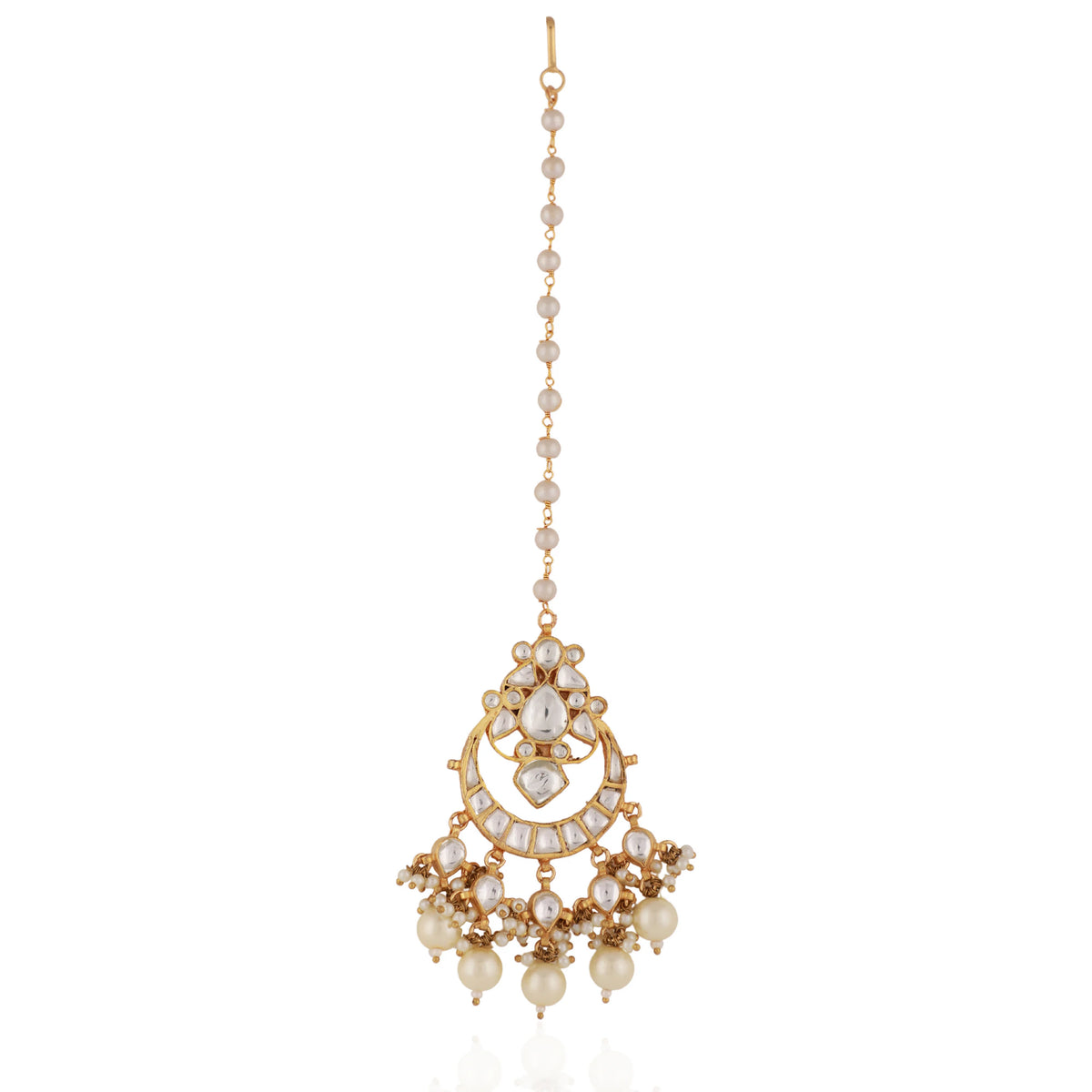 Gold Finish White Pearl Jadtar Maangtika