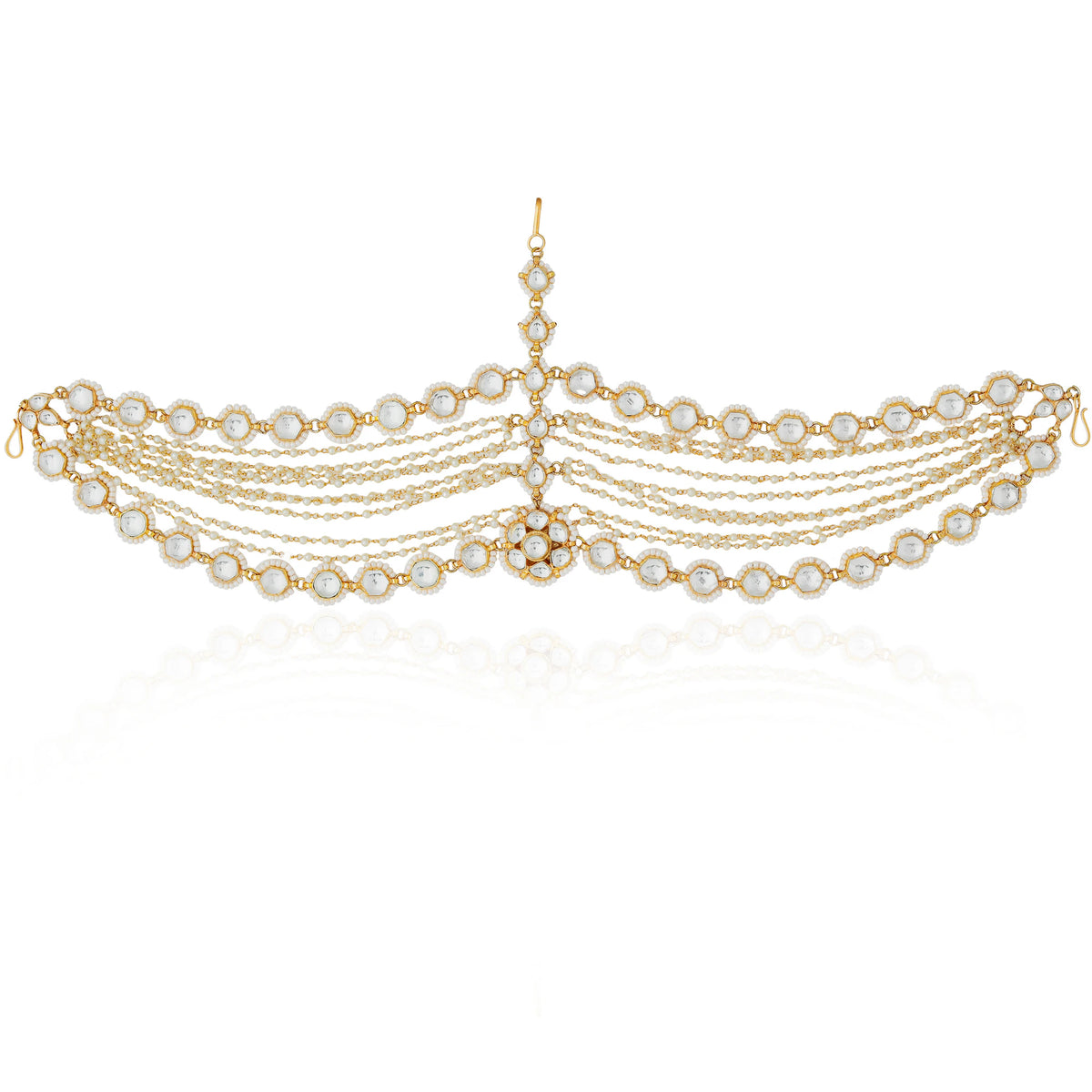 Bridal wear mathapatti in ethnic royal style with pearls in 3 layers