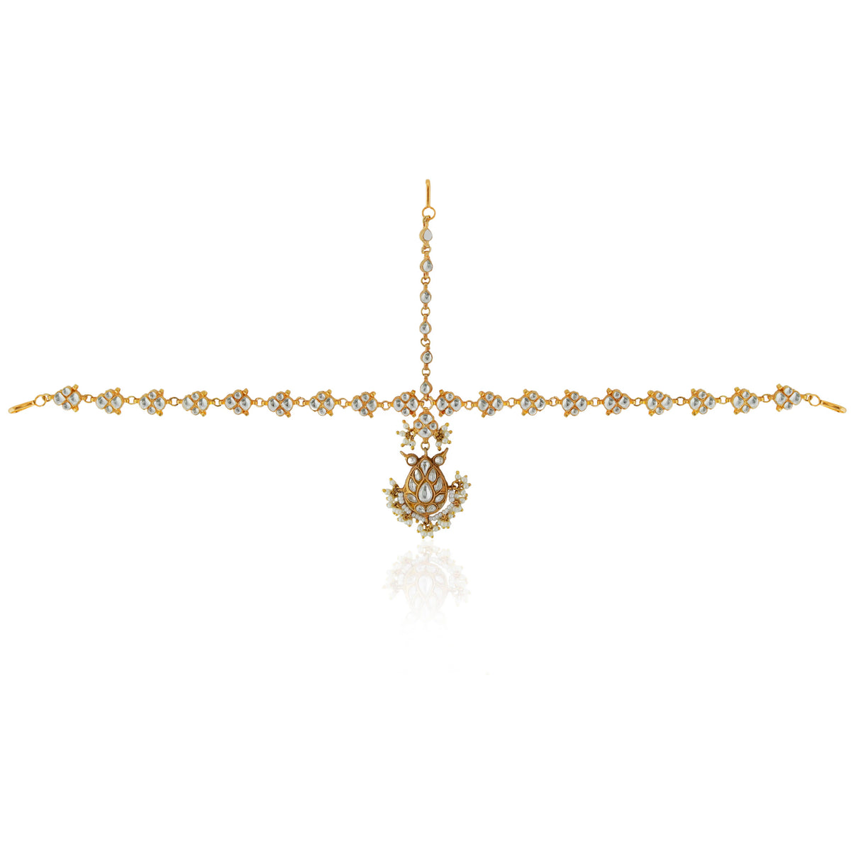 White Traditional Matte gold finish sheeshpatti with delicate pearls