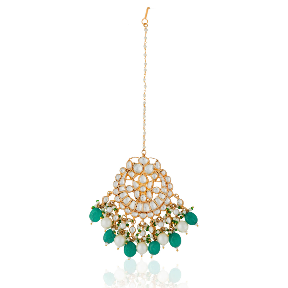 Gold finish jadtar green white Maang Tikka