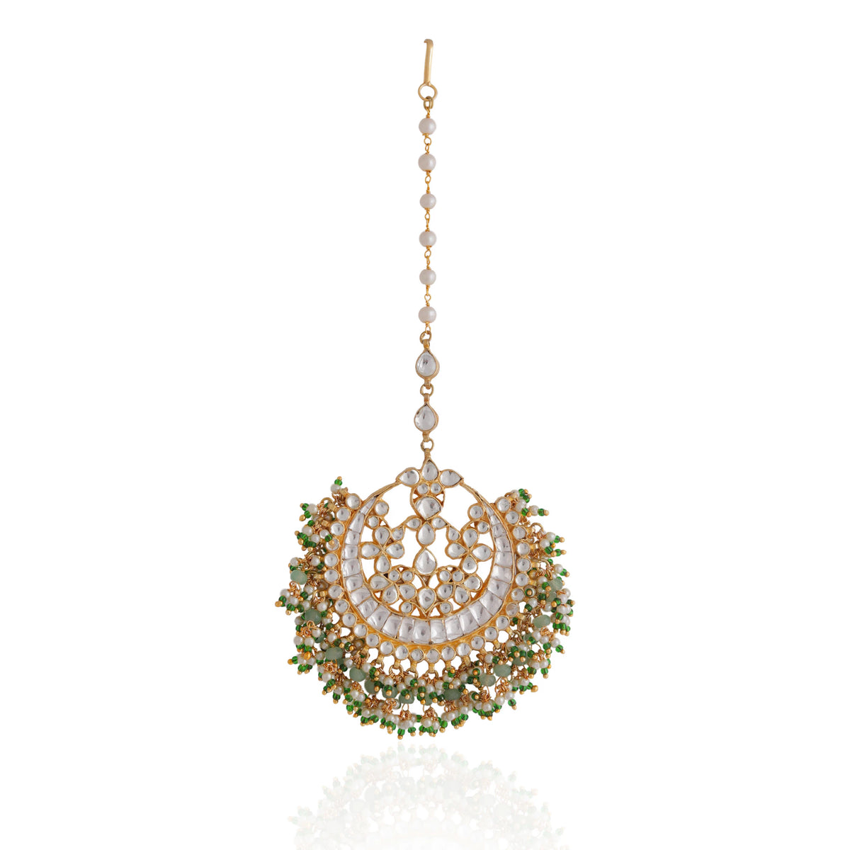 Green white hangings jadtar maangtikka