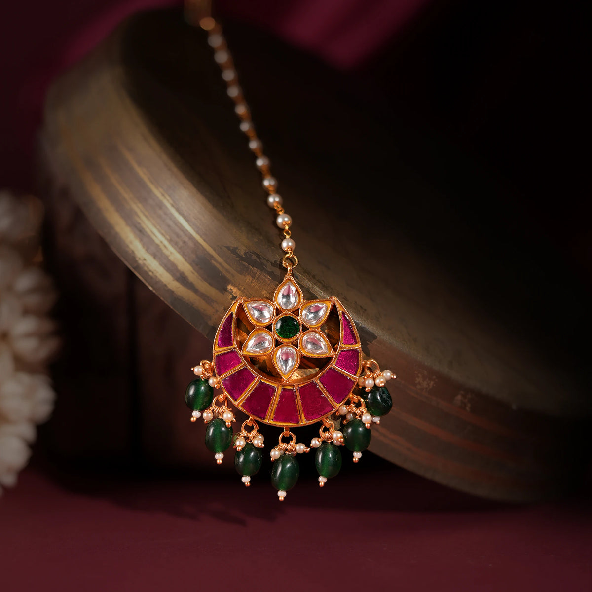 Green beads with white jadtar tikka
